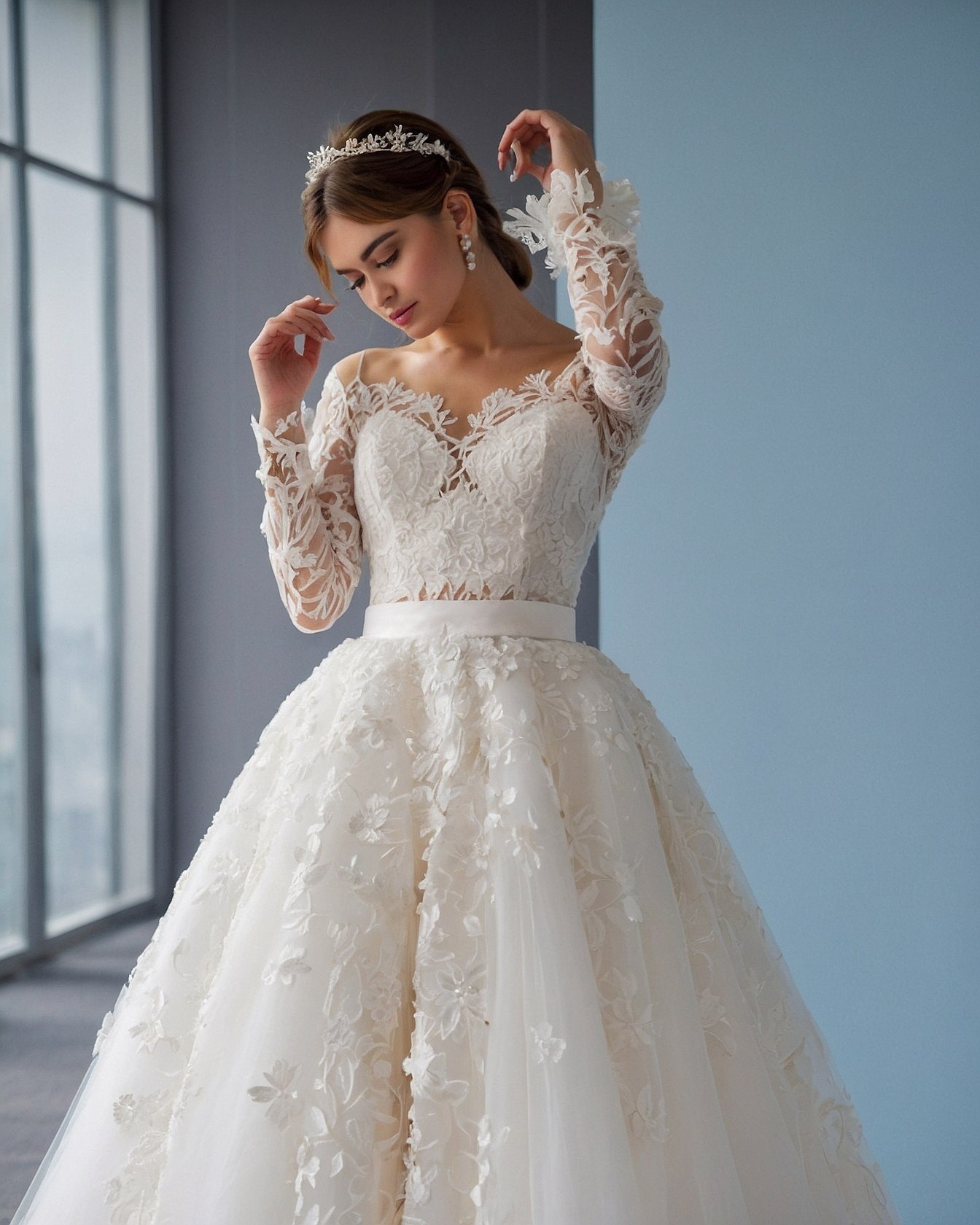Soft Ivory and Dusty Rose Lace Wedding Gown