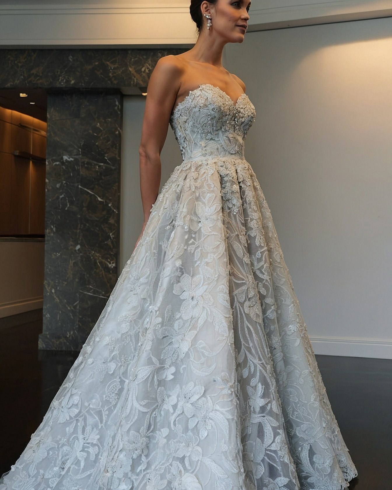 Strapless Gown in Misty Grey and Ivory Lace