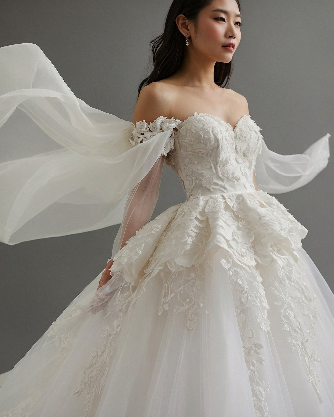 Off-the-shoulder Ballgown in Ivory and Cream Accents