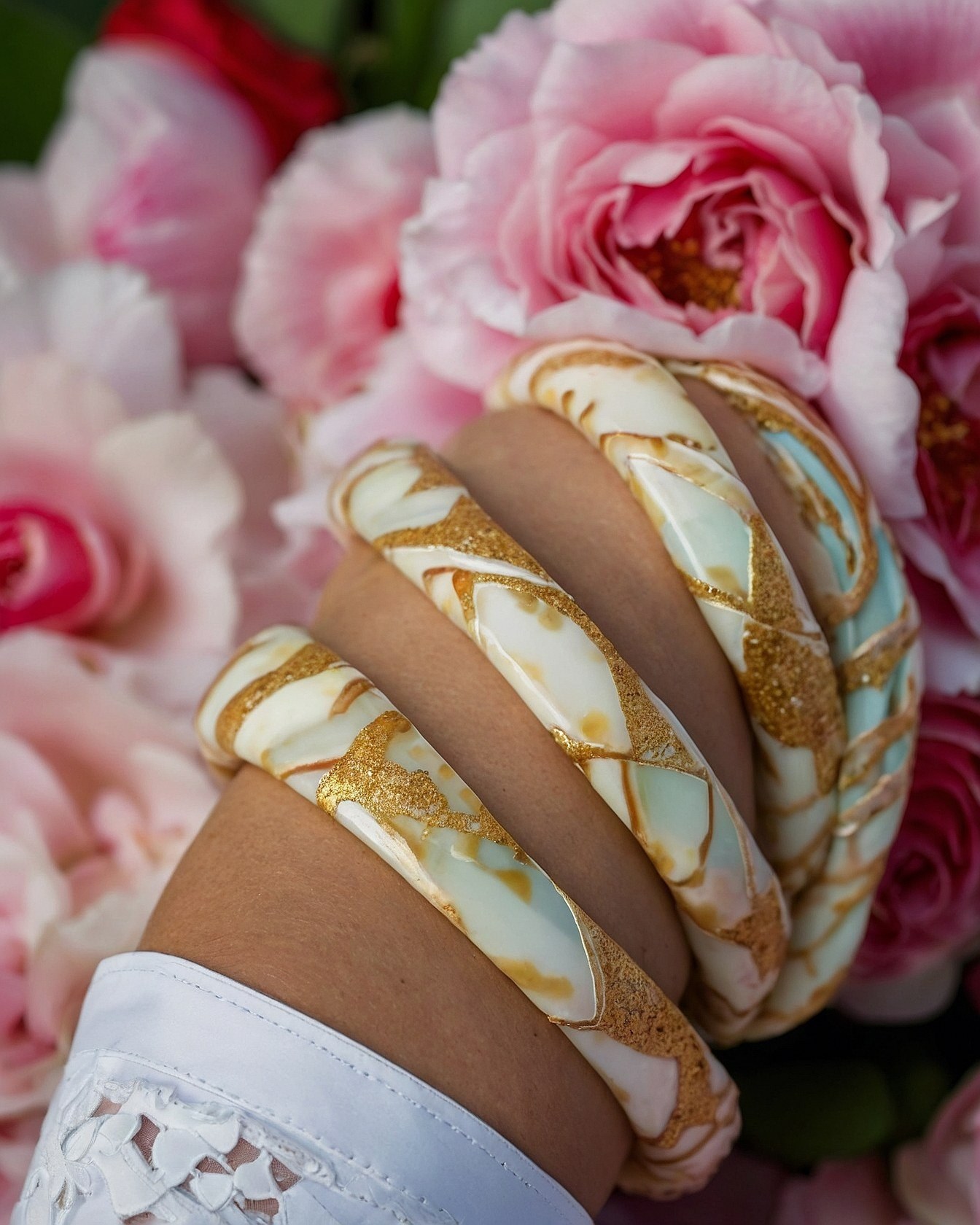 Gold and Cream Bangles with Soft Pink Blooms