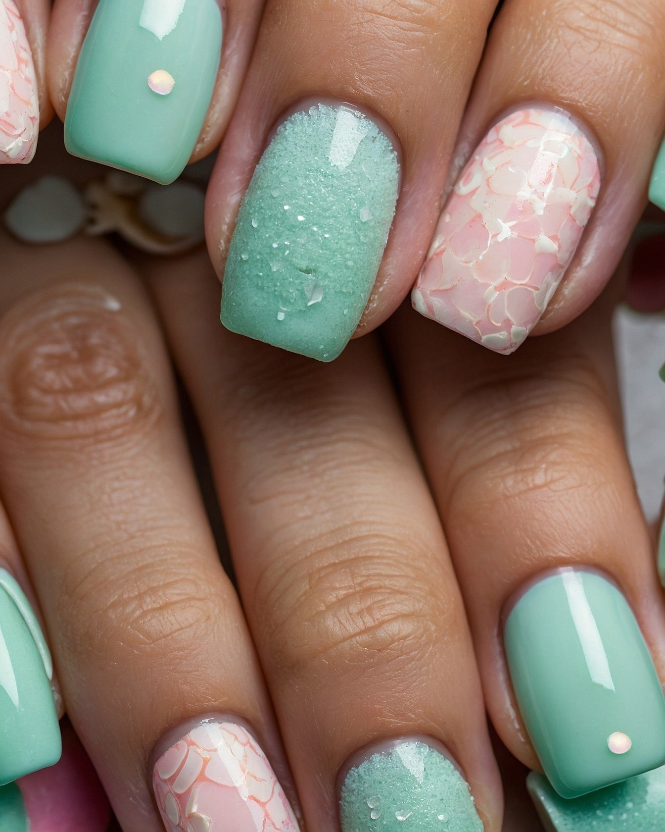 Muted jade green and blush pink nail art detail