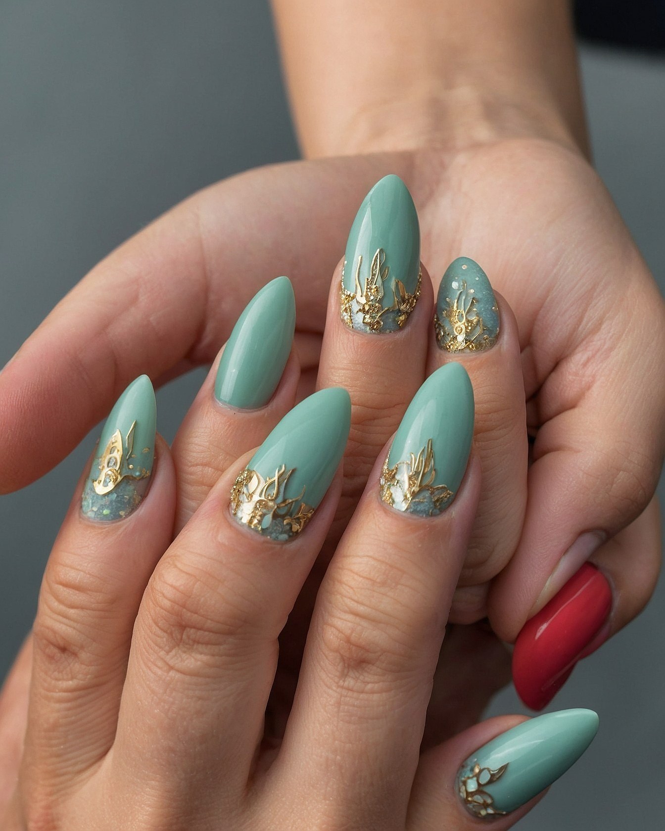 Close-up of hands with teal and gold nail art