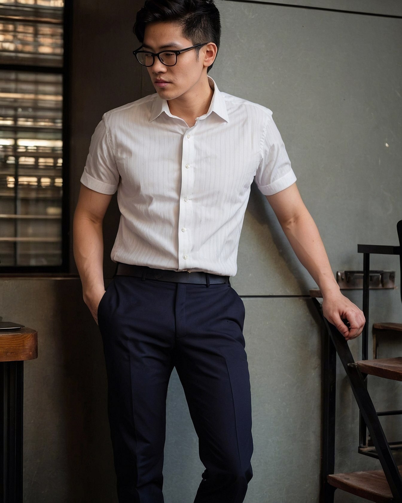 Crisp White Shirt and Navy Trousers