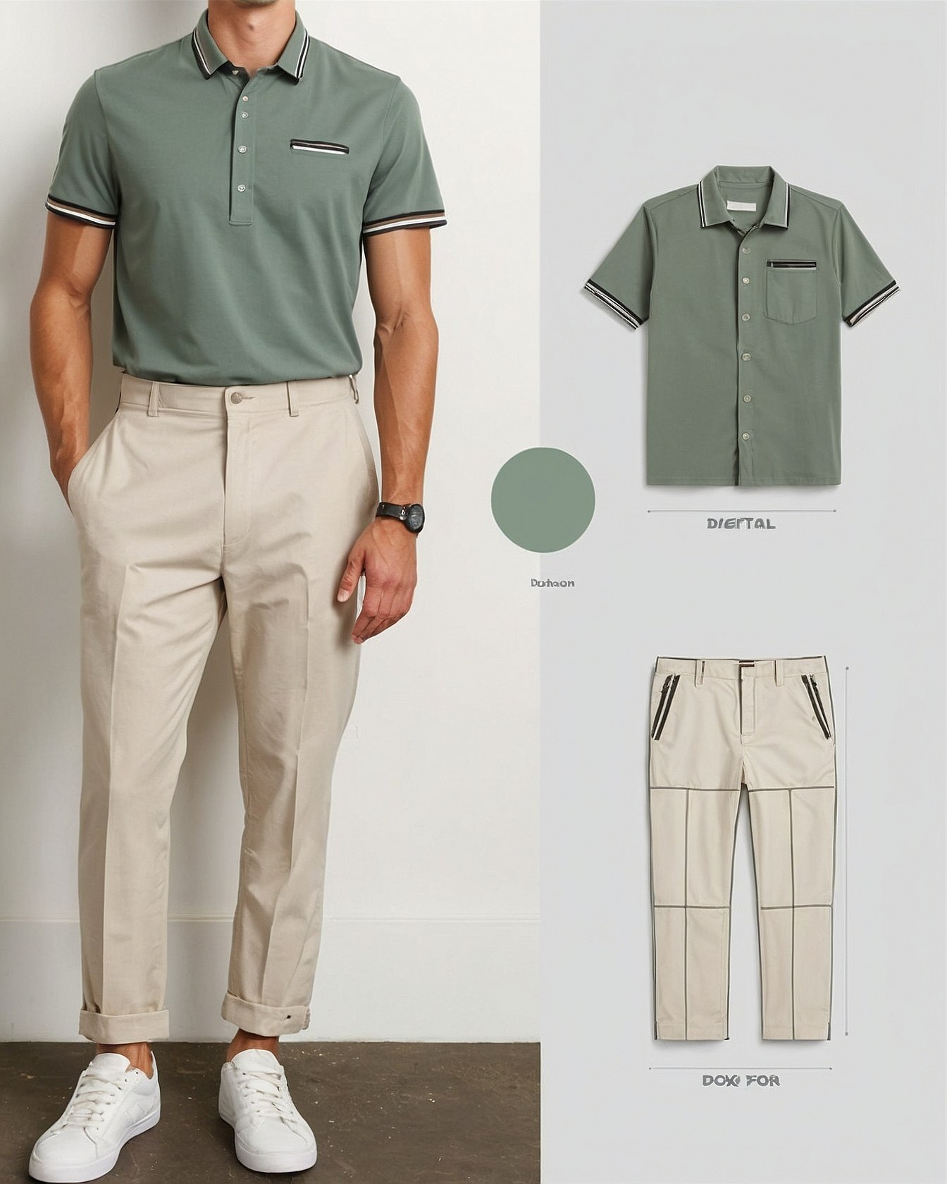 Sage green polo meets pale taupe trousers
