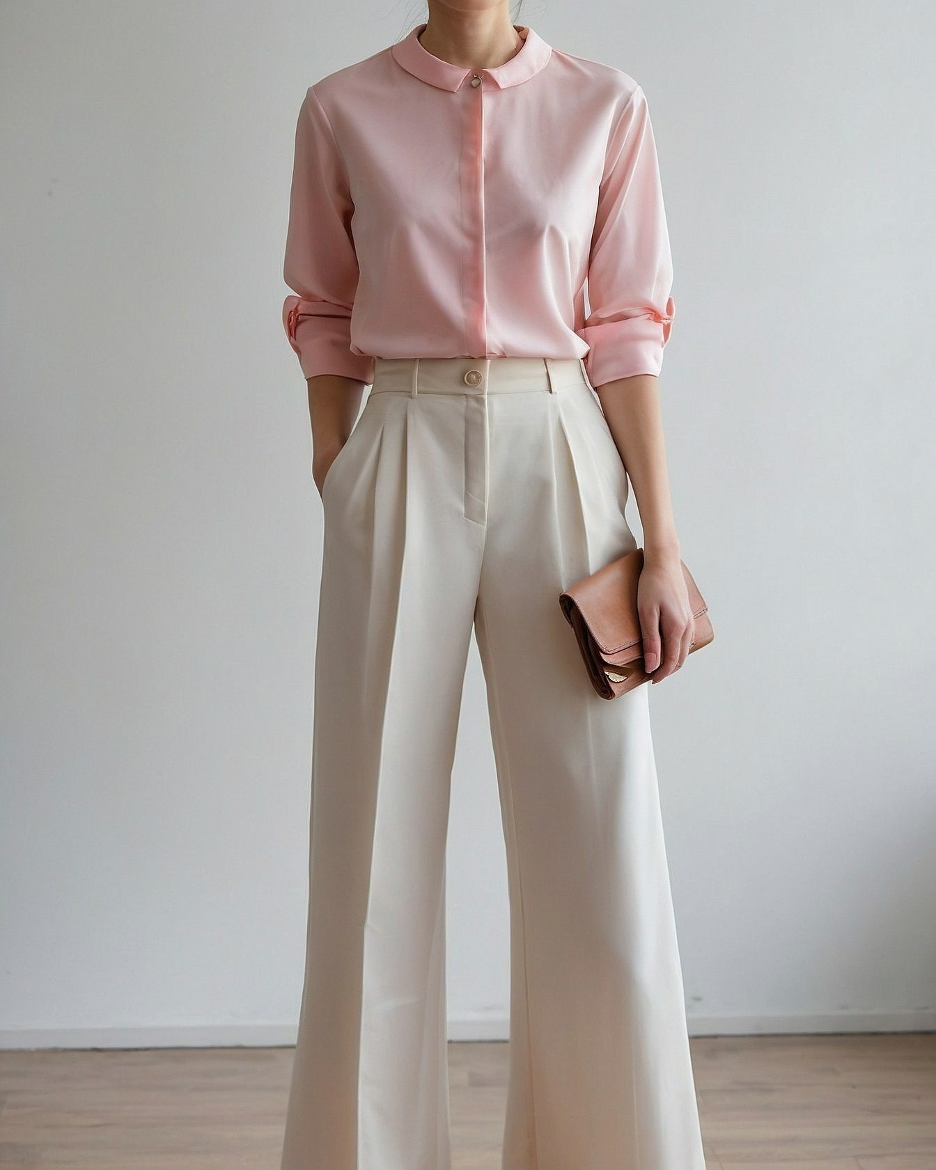 Blush Pink Blouse with Cream Wide-Leg Trousers