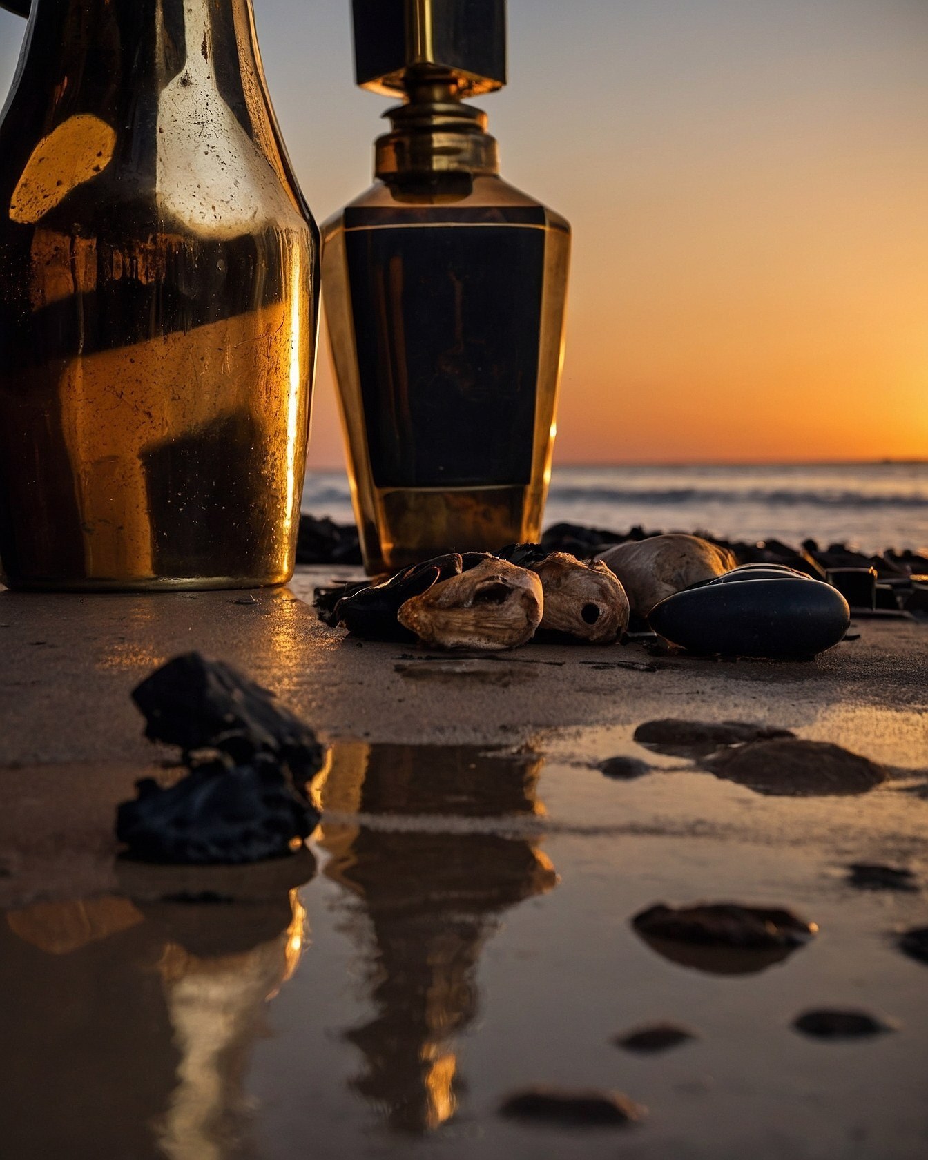 Golden Hour Reflection on Polished Brass and Onyx Tones