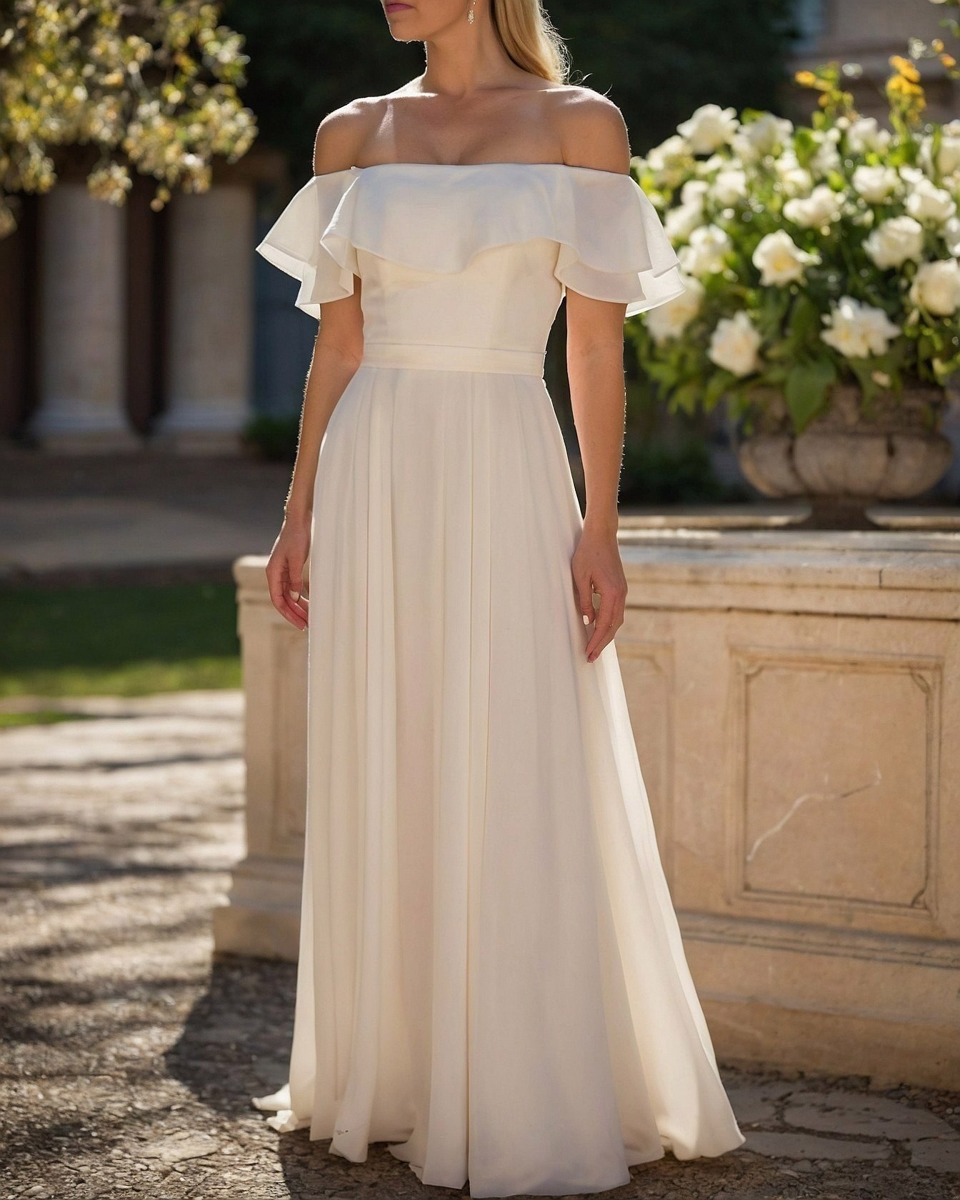 Off-the-shoulder dress in soft ivory and warm stone