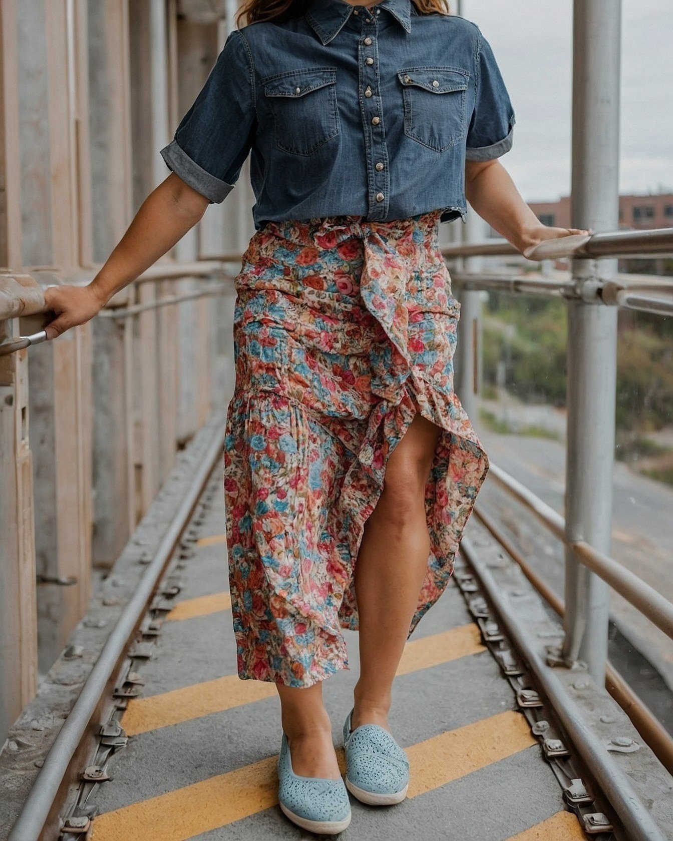 A woman in a floral skirt and denim shirt