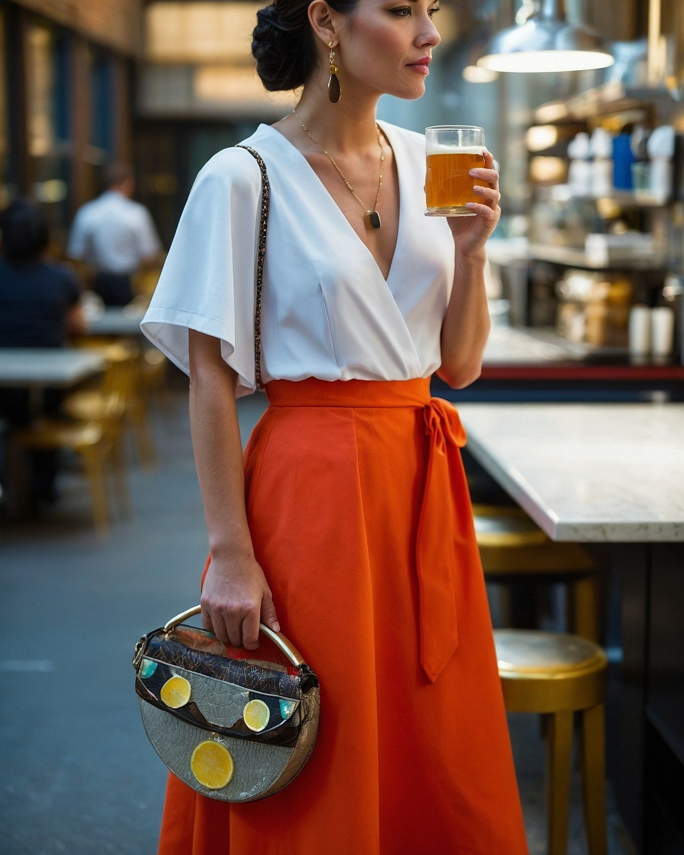 A vibrant orange skirt meets a crisp white top