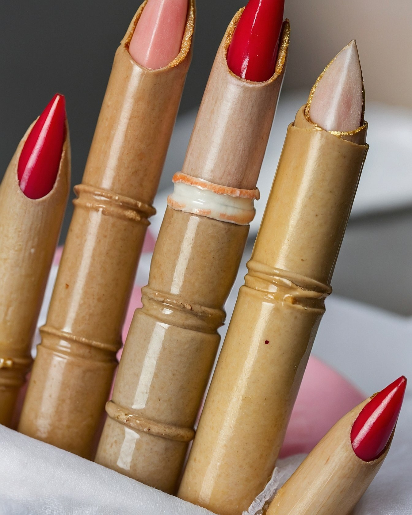 Bamboo-Inspired Tips with Crimson and Rose Hues