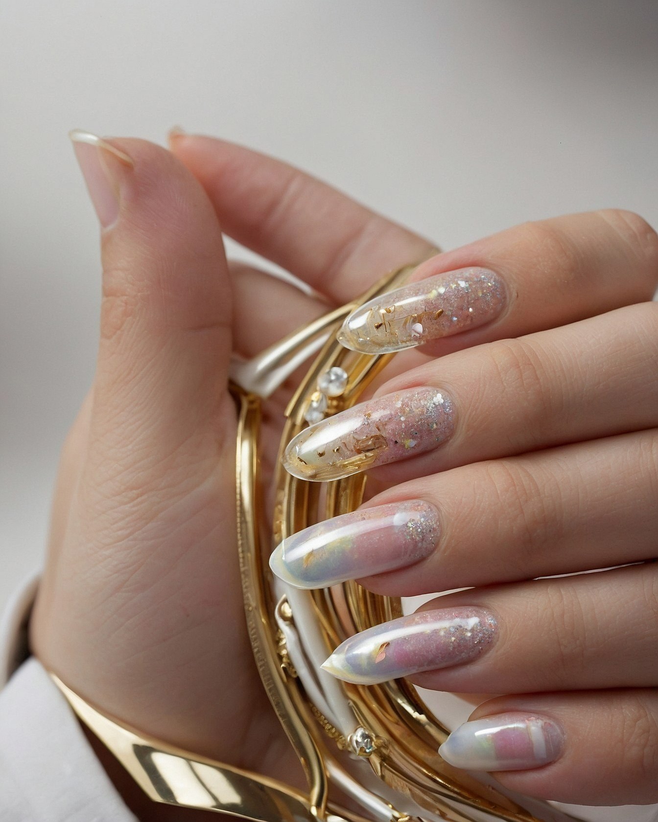 Gold leaf and pearlescent sheen on oval nails
