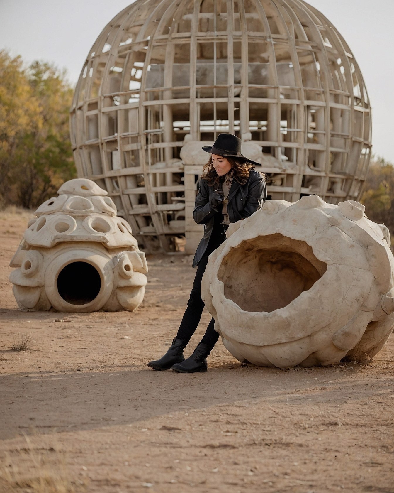 Woman in black hat posing near giant wooden dome and stone sculptures