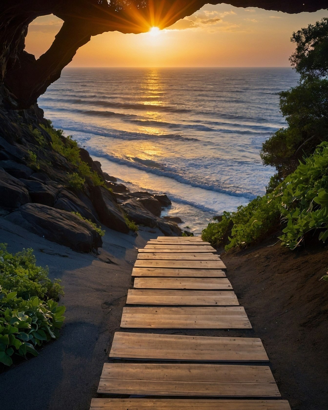 Wooden Boardwalk Descending Toward Coastal Sunset and Ocean Waves