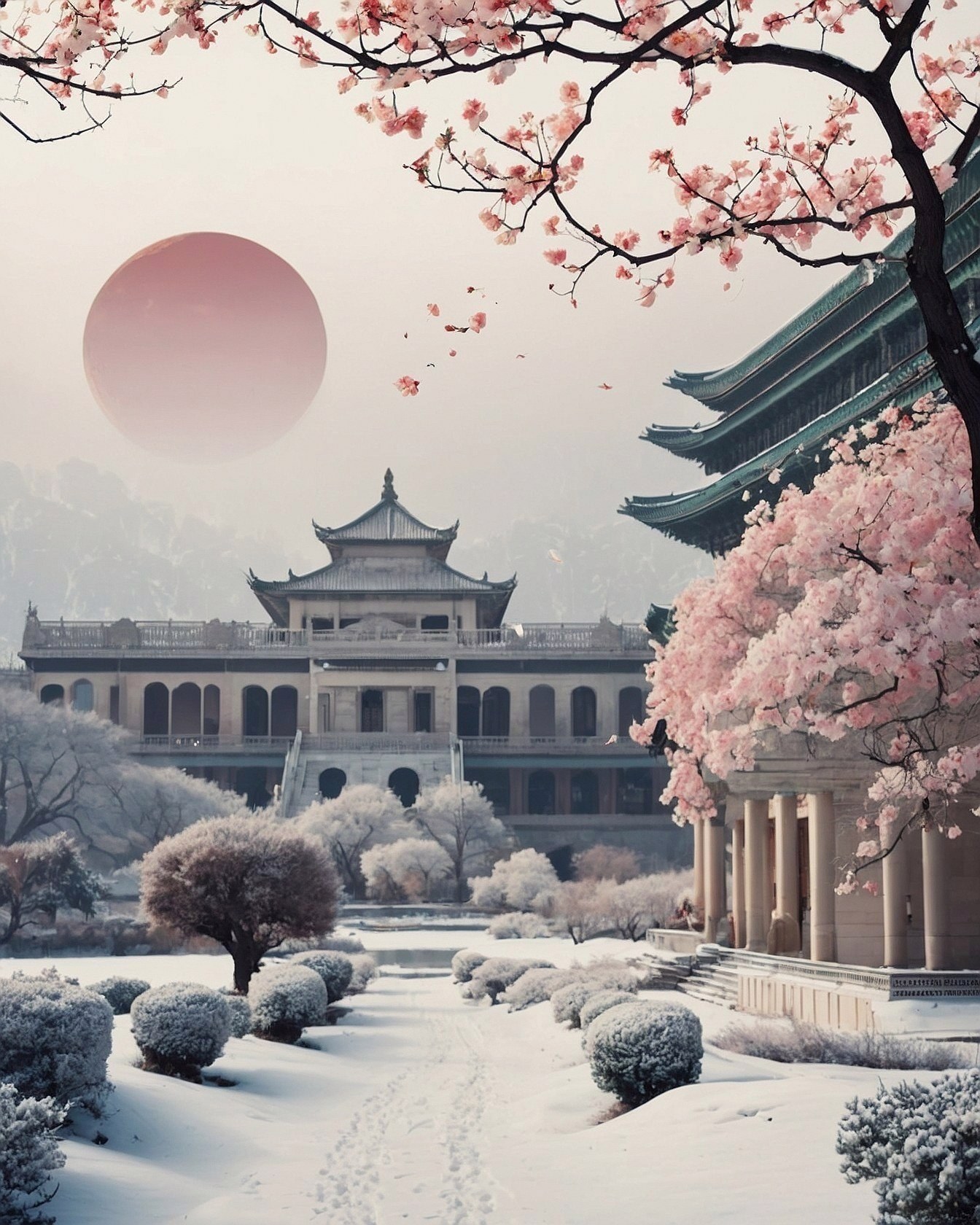 Snowy pagoda courtyard under a dusty rose sun and cherry blossoms