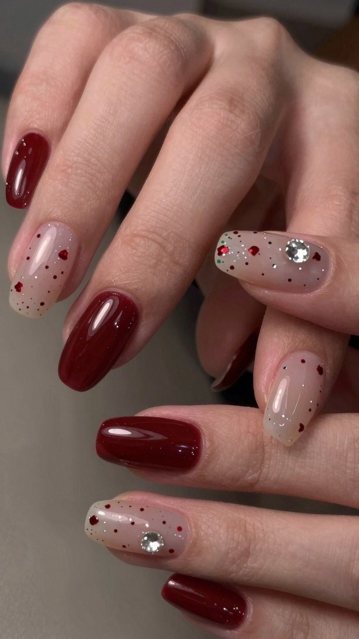 Applying Red Glitter Speckled Nails With Rhinestones