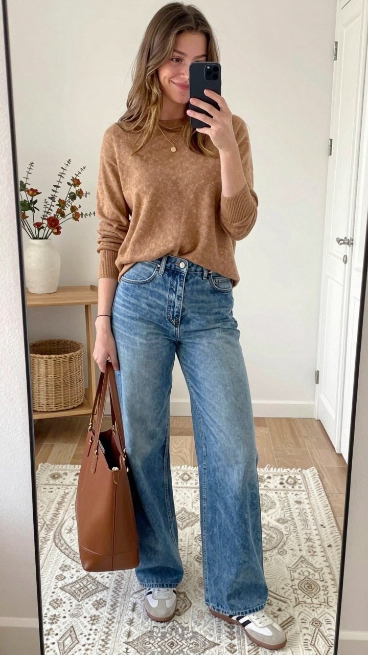Styling a Camel Crewneck Sweater with Wide Leg Denim