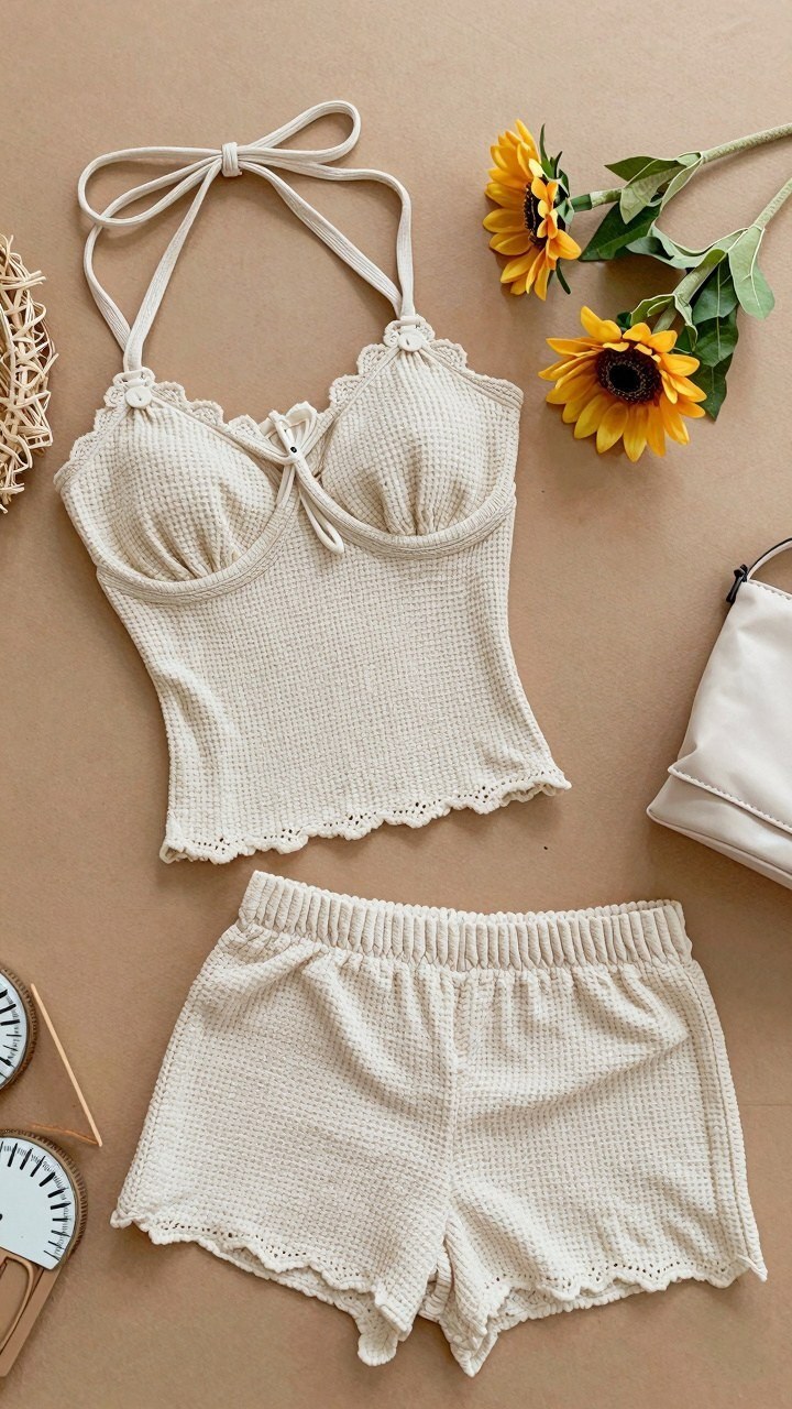 Textured Halter Top And Shorts White Crochet Bikini Set