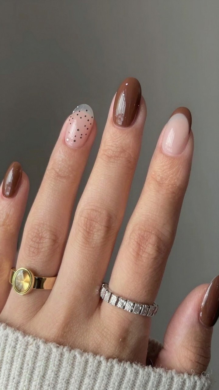 Adding Playful Polka Dots to Brown Swirl Nail Designs