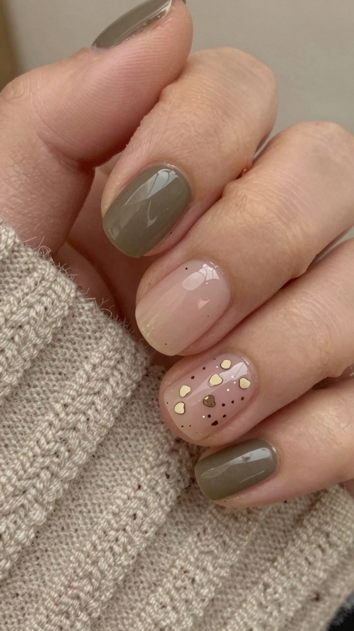 Adding Tiny Heart Details to Neutral Autumn Nails