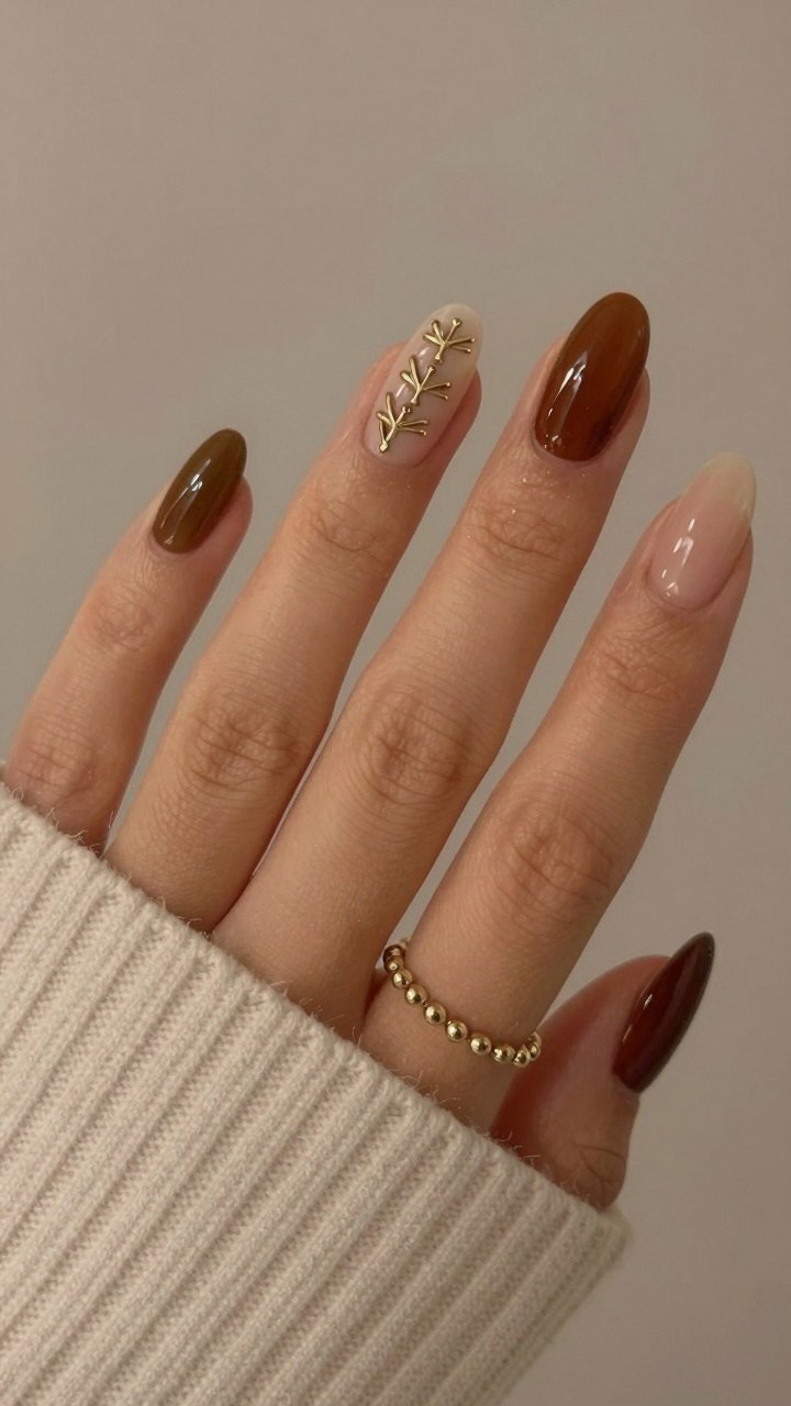 Applying Gold Branch Charms on Neutral Autumn Nails
