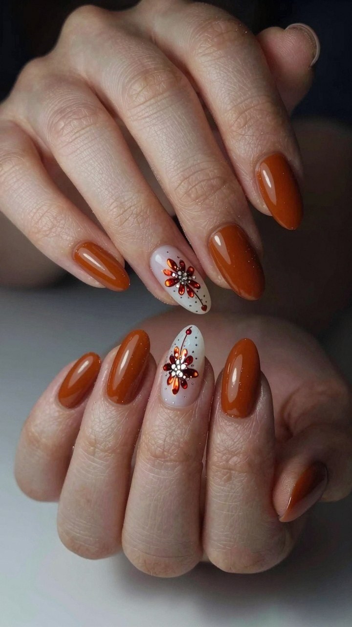 Autumn Floral Nail Art with Sparkle Accents
