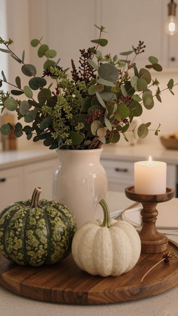 Arranging Fresh Greenery and Mini Gourds on the Counter