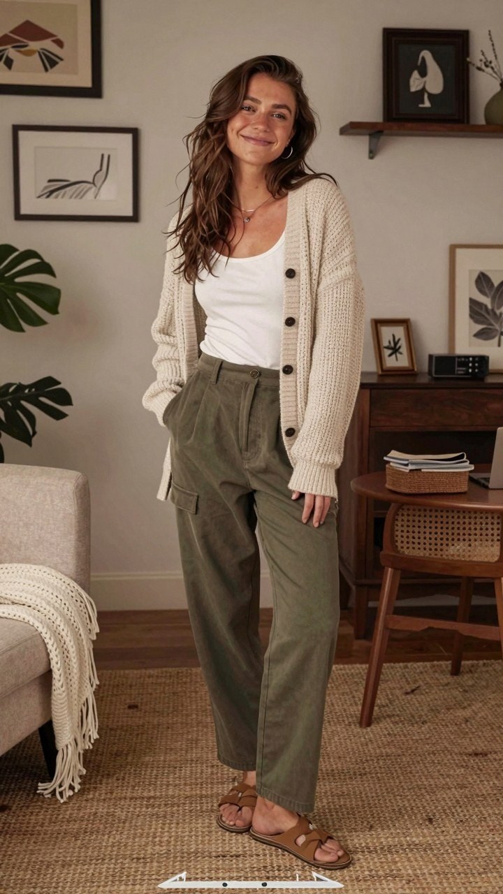 Pairing Chunky Cardigans with Olive Pants