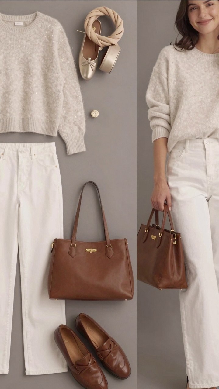 Matching Neutral Sweaters with White Denim and Brown Loafers