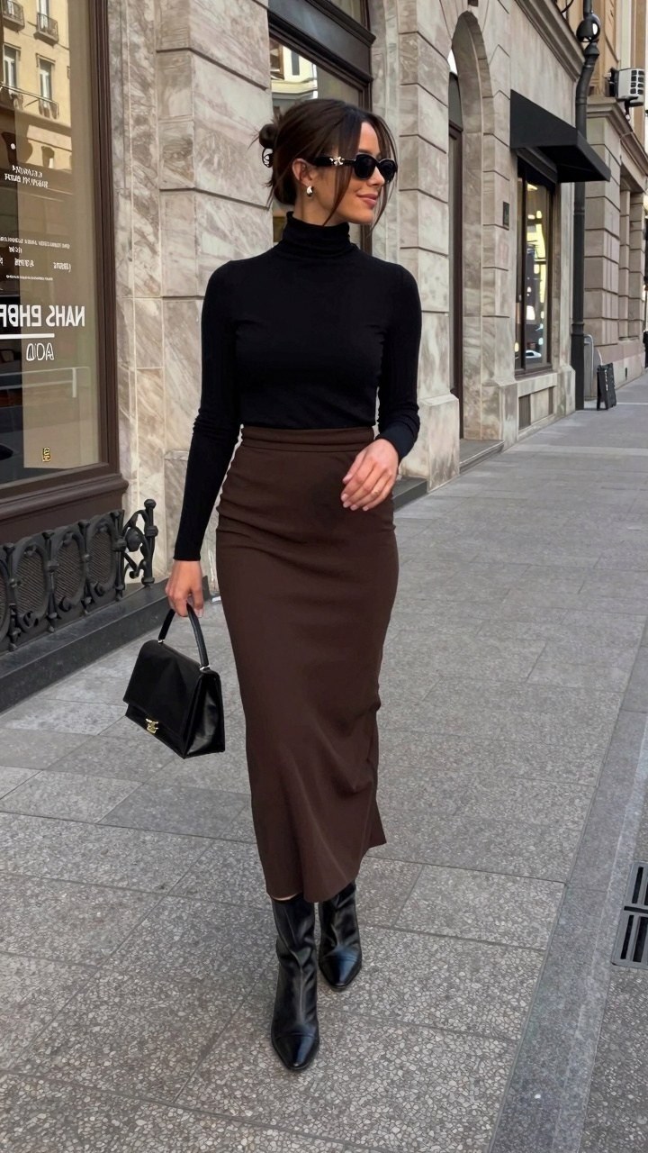 Styling a Fitted Black Turtleneck with a Long Brown Skirt