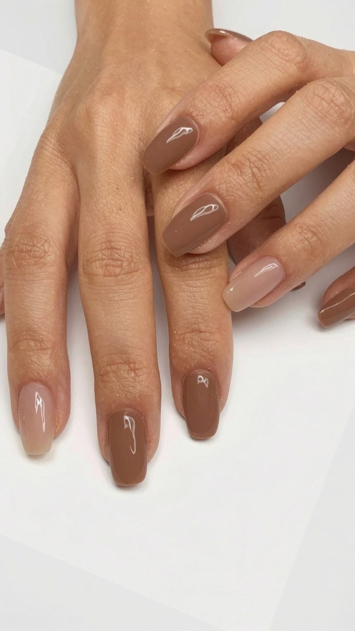 Applying a Glossy Top Coat to Solid Brown Nails