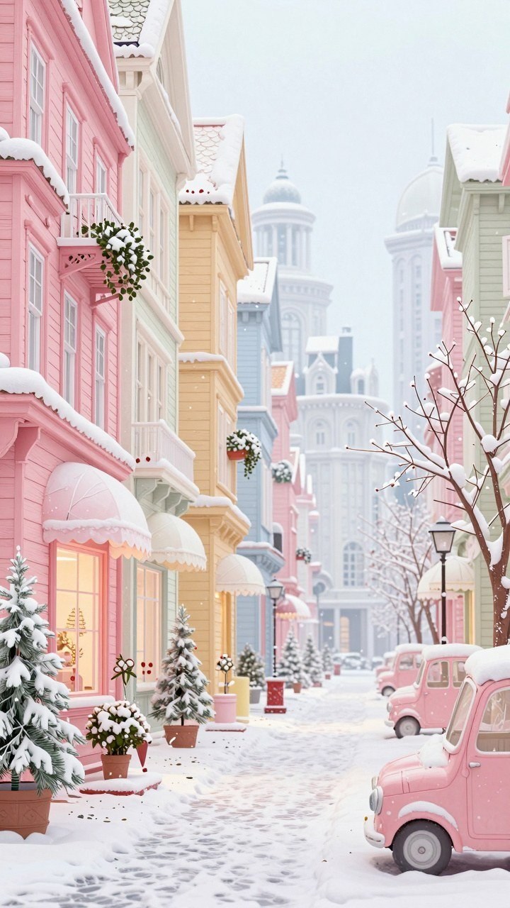 Cozy Pastel Snow Village Phone Wallpapers