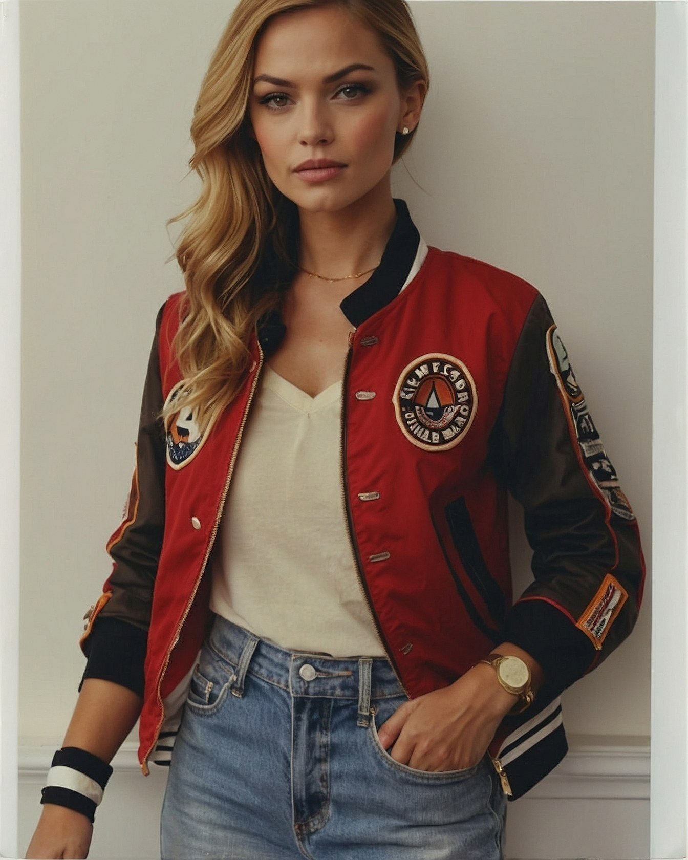 Rosy red varsity structure meets soft cream knit and faded denim