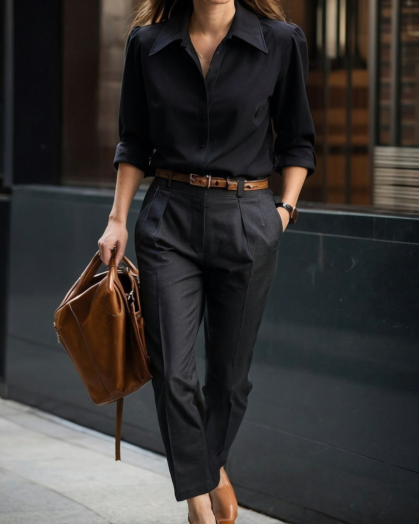 Sharp black tailoring softened by brown leather on a city sidewalk