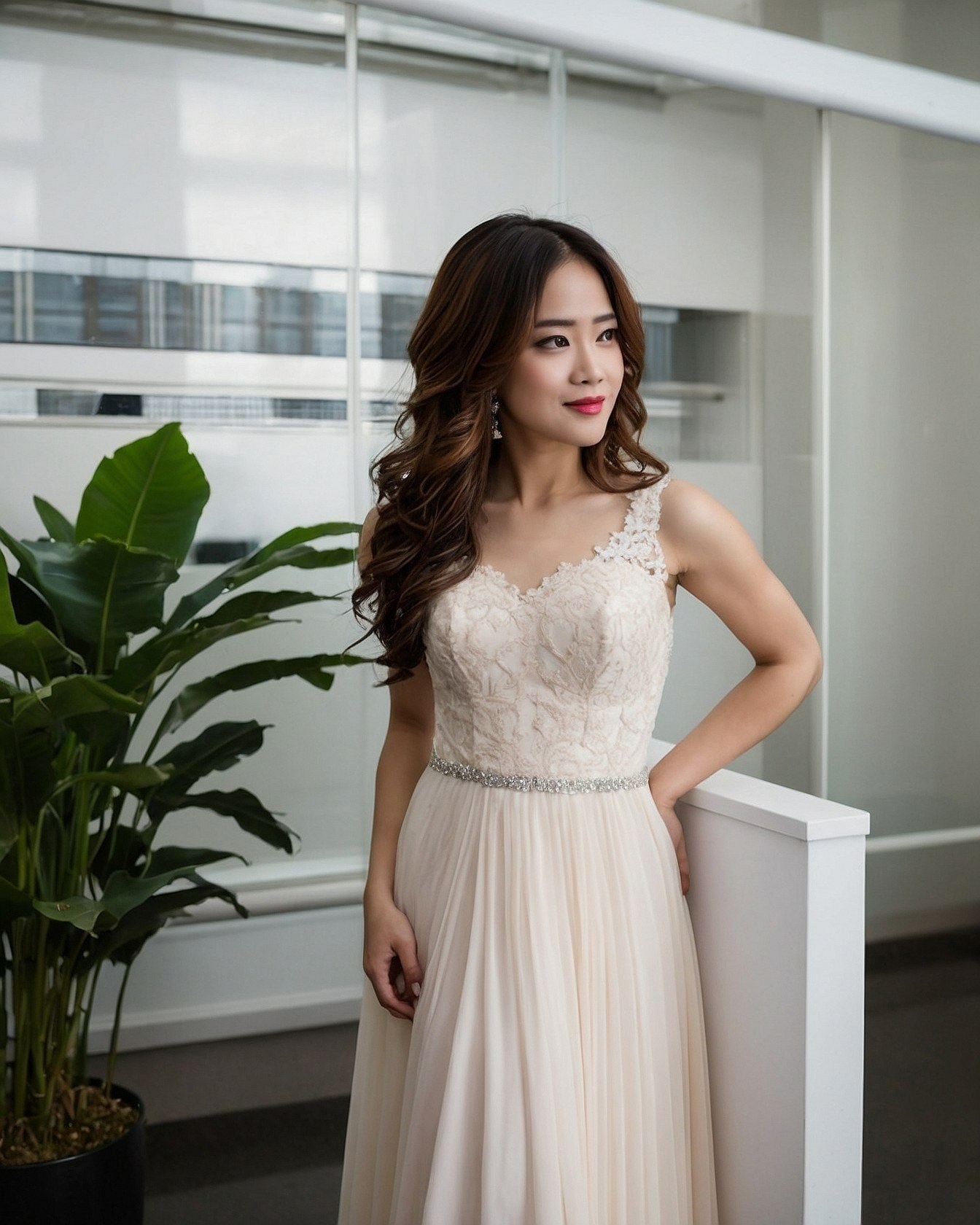 Structured White Coat Against Flowing Pink Gown