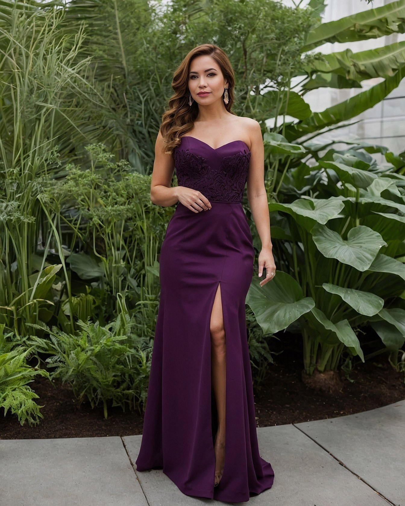 Strapless Plum Gown with Intricate Lace Bodice