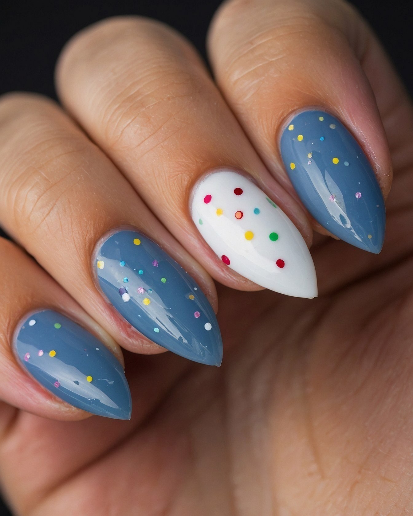 Almond Nails with Contrasting Polka Dot Designs