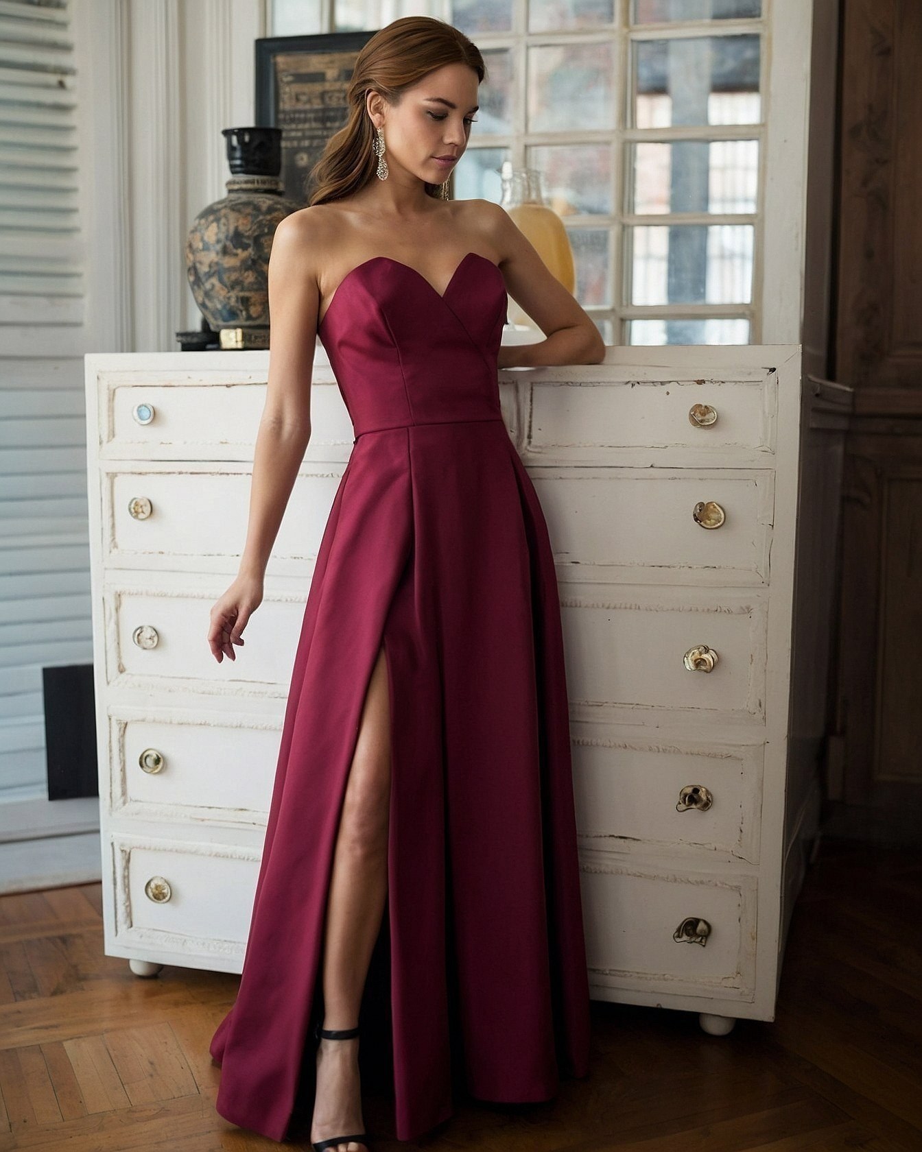 A High Slit Gown Against Textured Cream Furniture