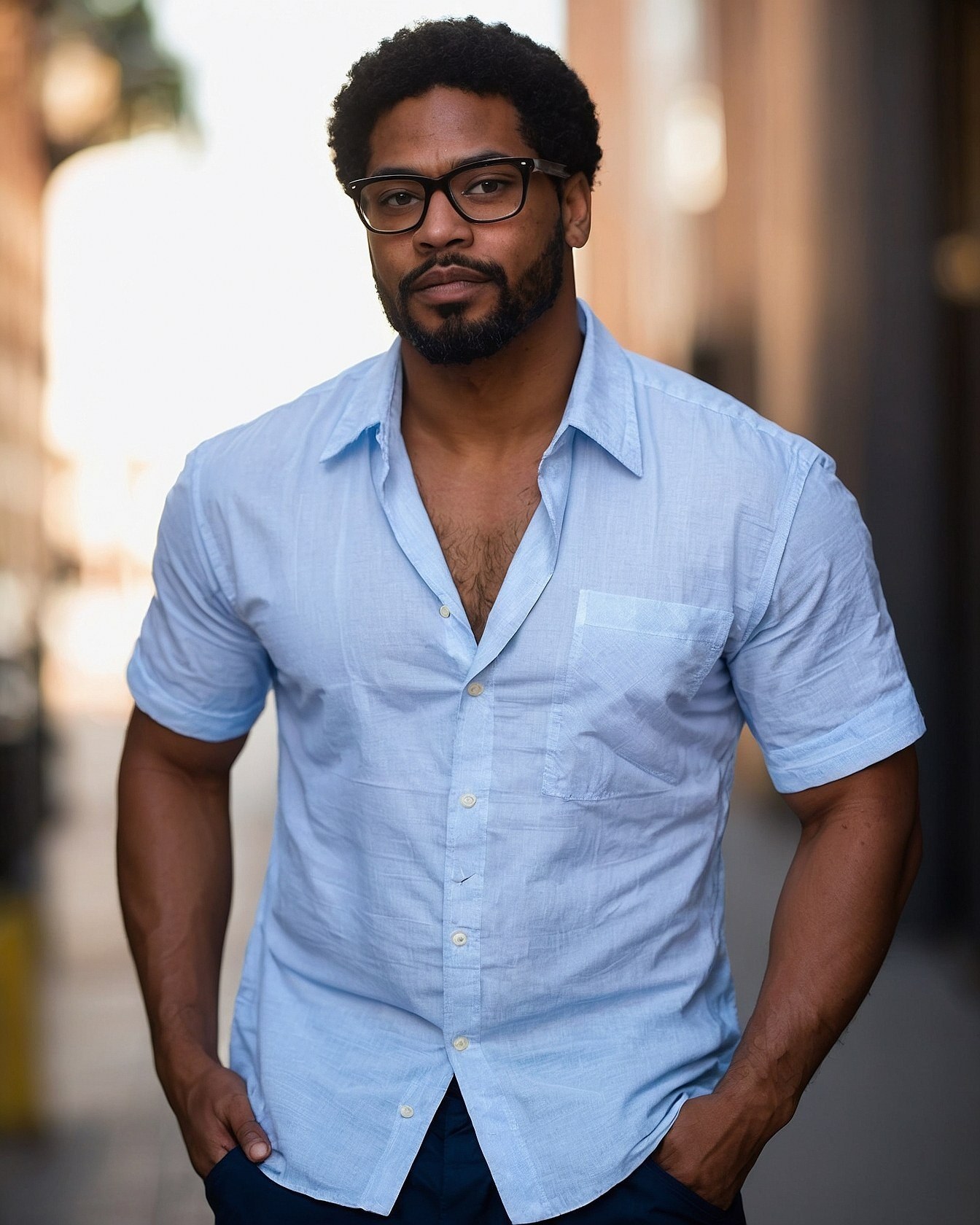 Open Collar Light Blue Shirt with Dark Trousers