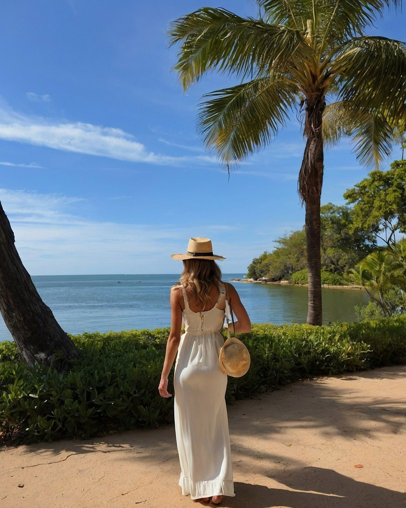 Flowing White Maxi Dress with Structured Sun Hat
