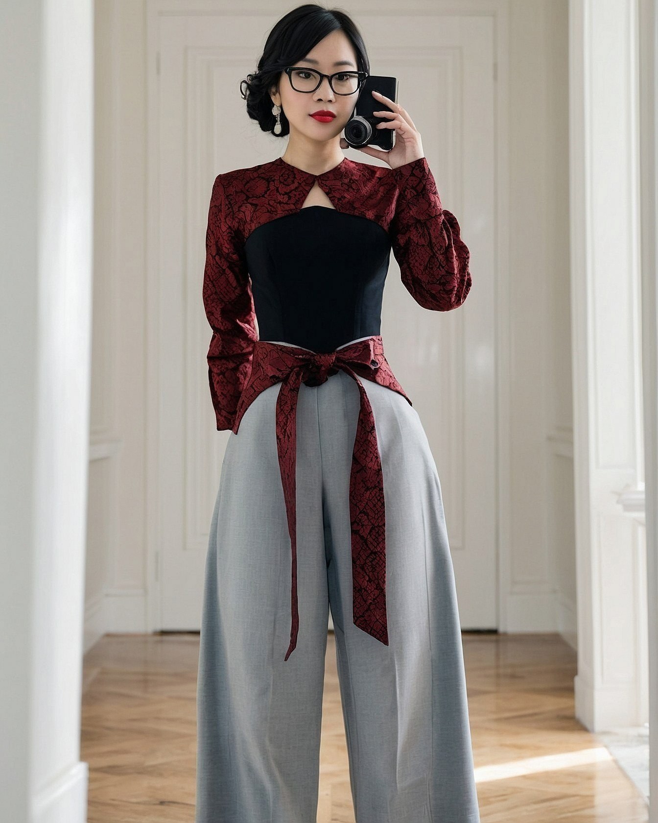 Structured Jacquard Bolero Meets Flowing Wide-Legged Trousers