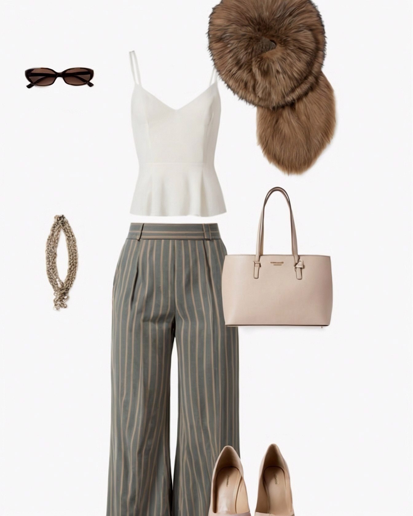 Crisp White Peplum Top Meets Flowing Pinstripe Trousers