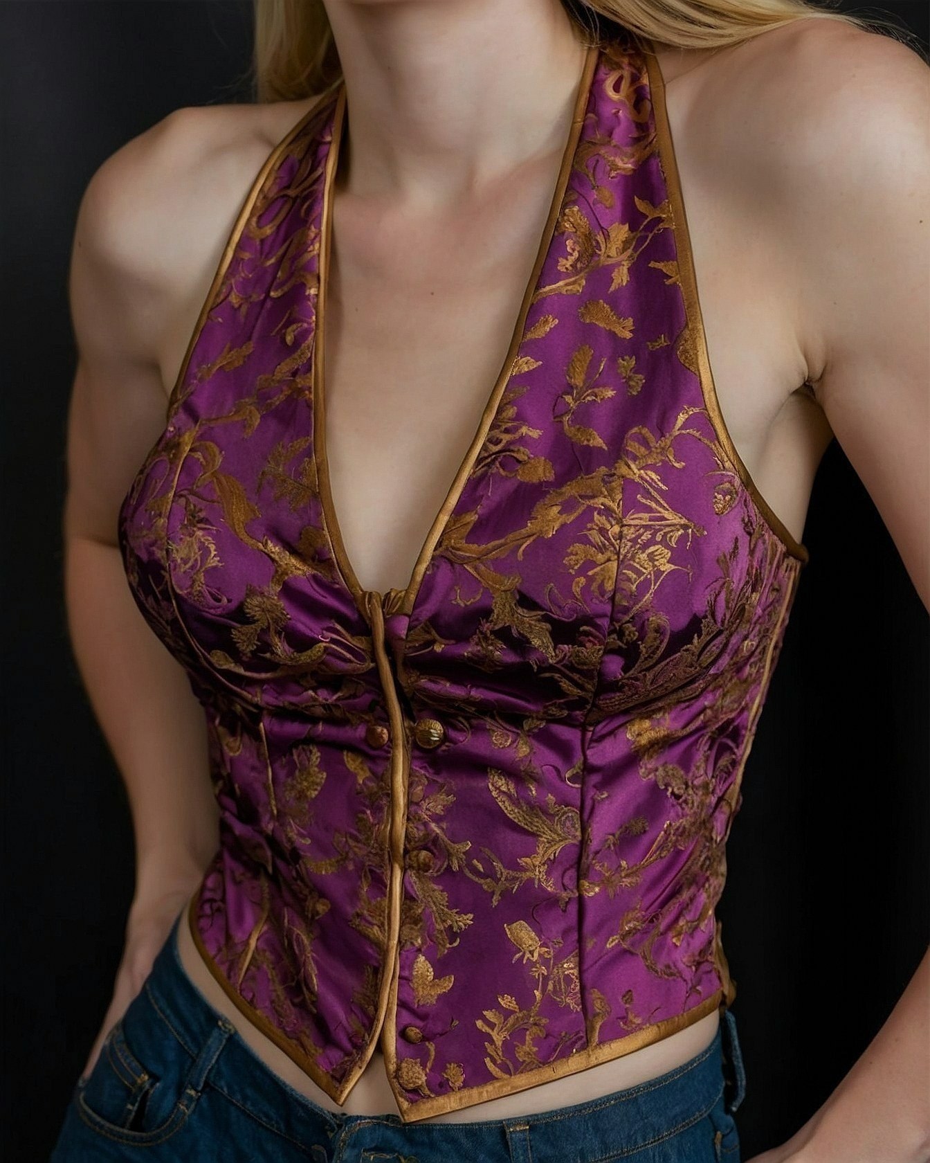Opulent Purple Halter Top Paired with Distressed Denim