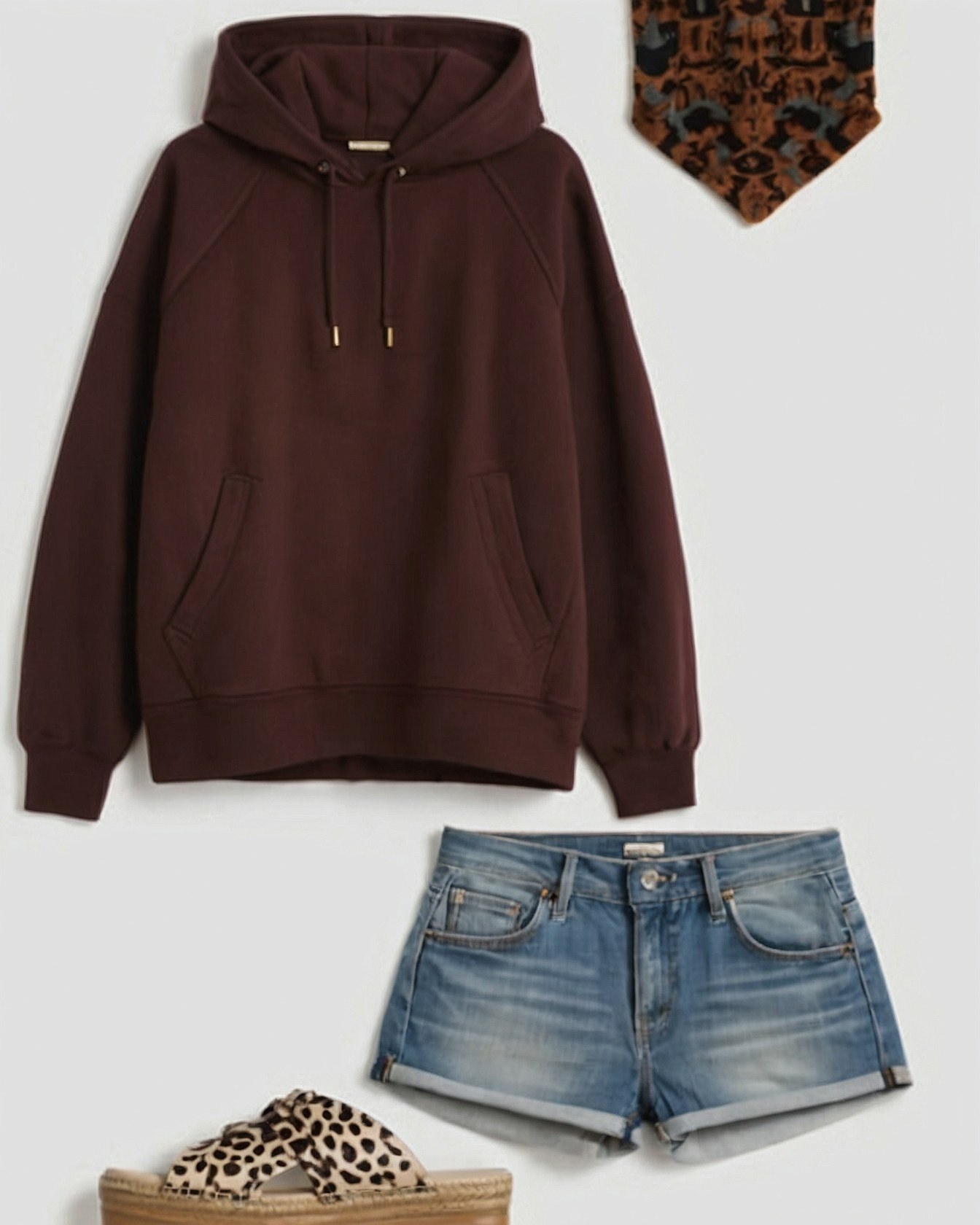 Deep Burgundy Hoodie Meets Washed Denim Shorts and Leopard Print