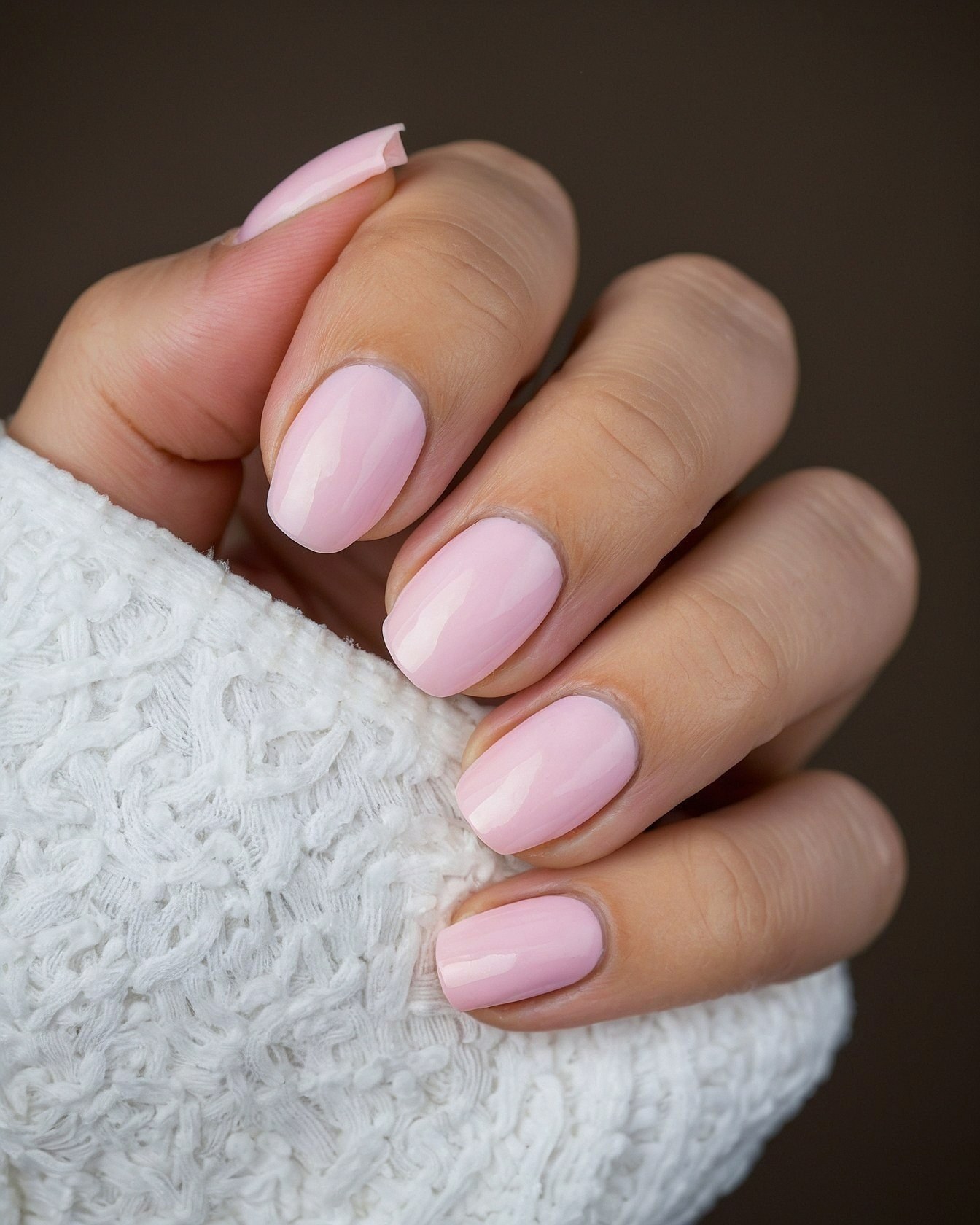 Close-up of Soft Pink Oval Nails and Cozy Knit