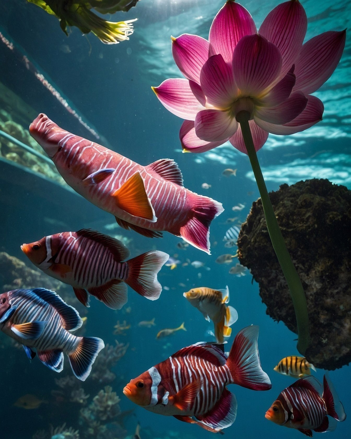 A Majestic Lotus Meets Schools of Striped Fish
