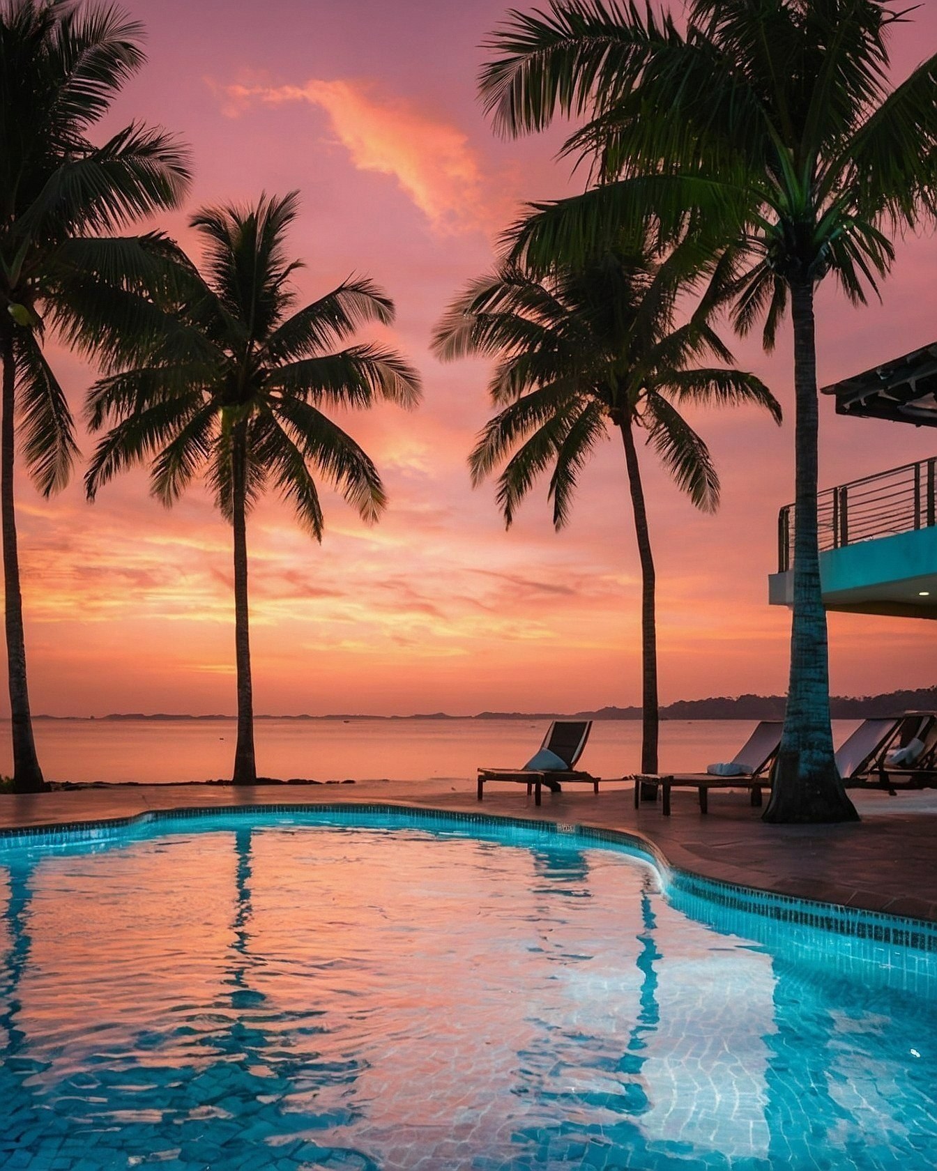 Turquoise Pool Meets Fiery Horizon Under Palm Trees