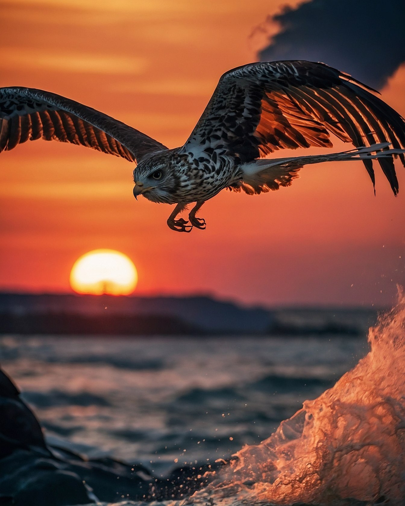 A Hawk's Flight Against a Fiery Sunset and Crashing Waves