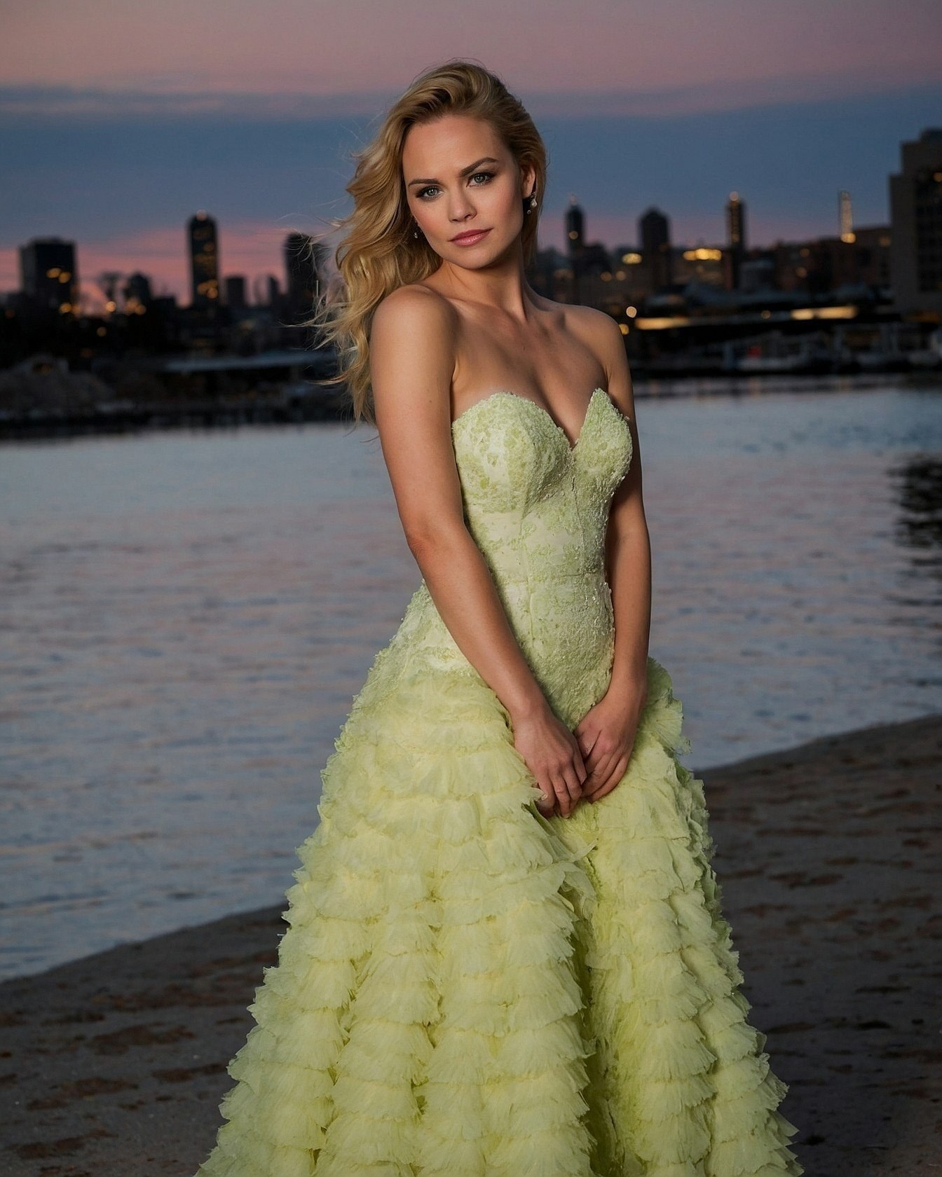 Structured bodice meets a ruffled skirt by the water