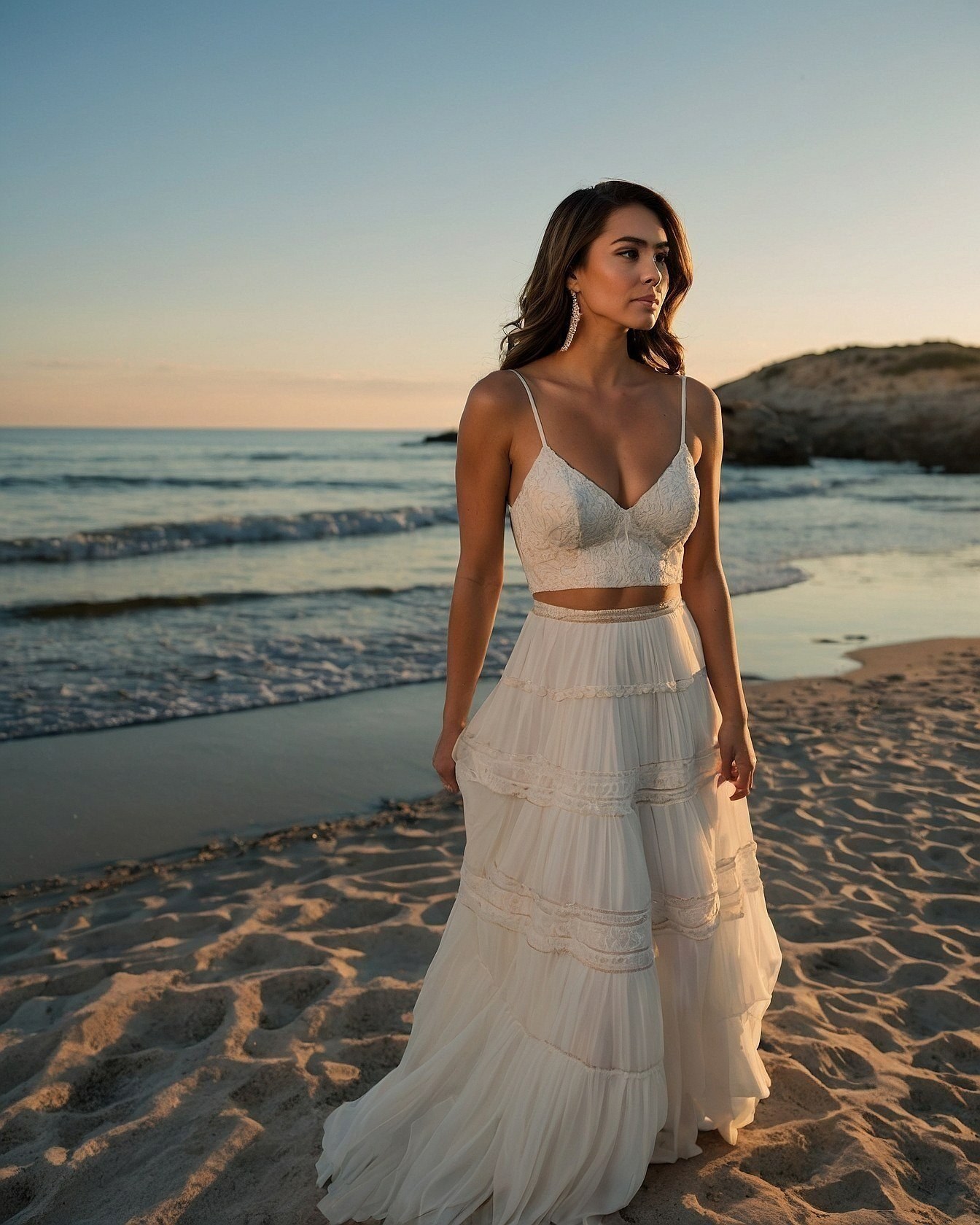 Soft Lace Top Meets Voluminous Tiered Skirt on Sand