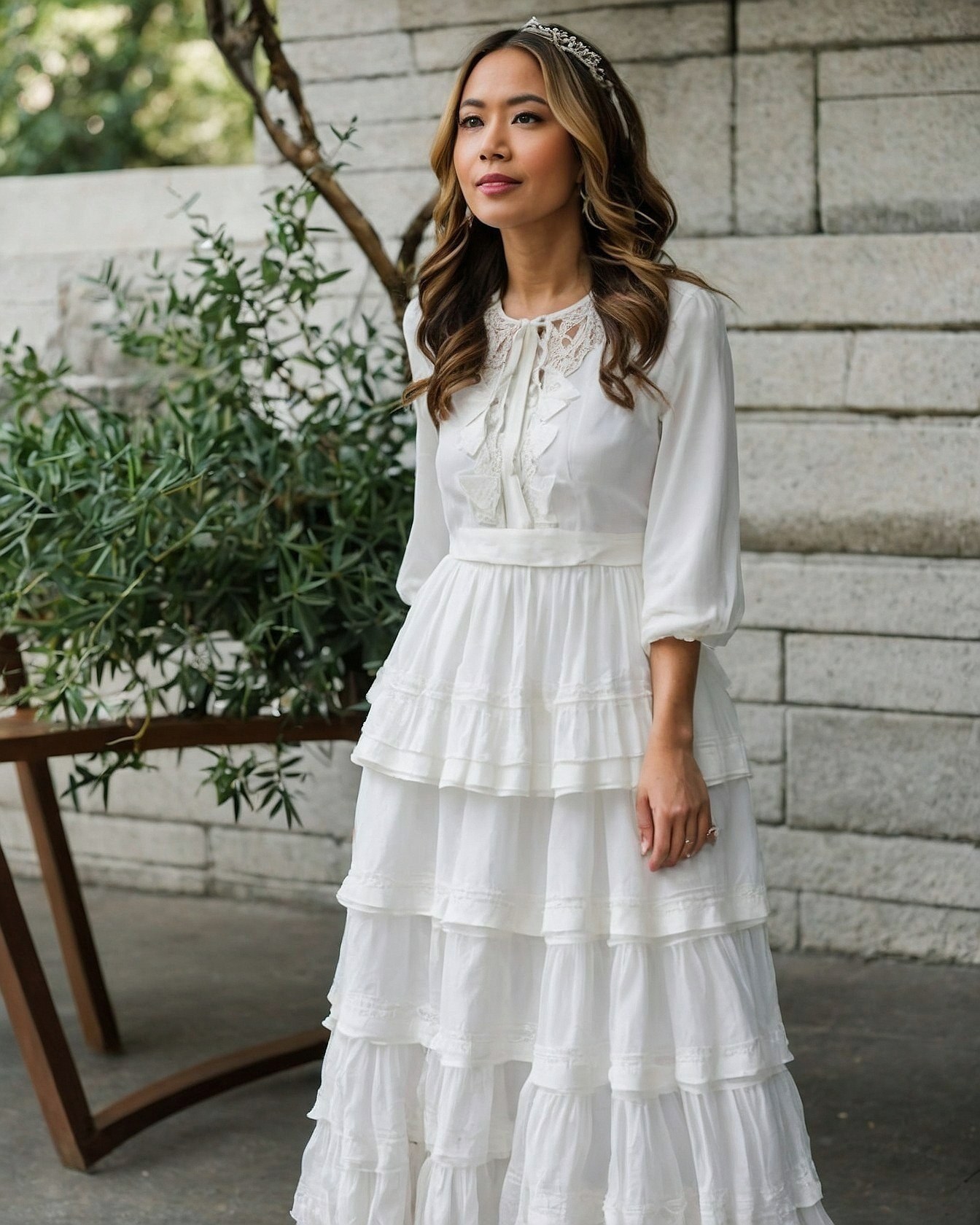 Tiered White Midi Dress with Romantic Lace Yoke